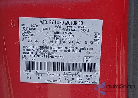 2006 Ford F-150 Fx4/Xl/Xlt z USA, uszkodzony, nr VIN 1FTRF14586NB71110